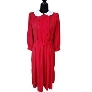 Vintage 80s Red Black Polka Dot White Peter Pan Collar Dress Belt Size S/M